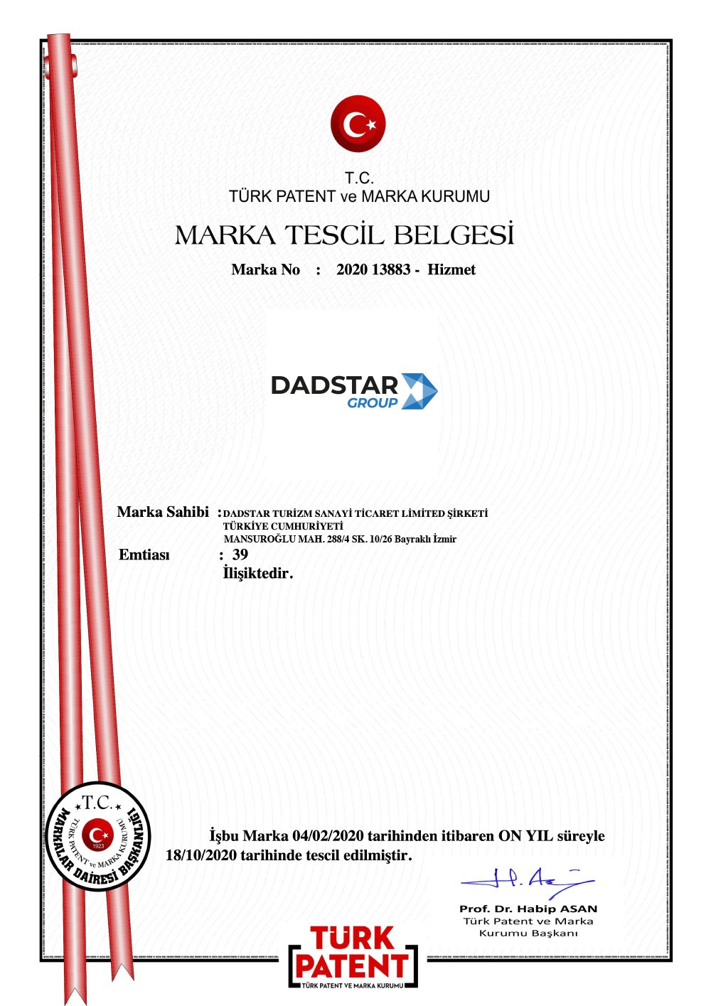Dadstar Marka Tescil Belgesi